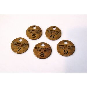 5 vintage brass  Burns and Roe tool check tags miners tags brass in brass out